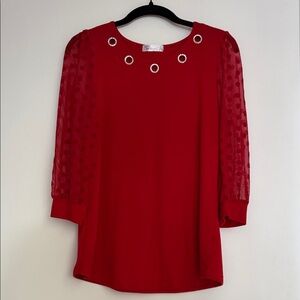 89Th + Madison Red Blouse with Sheer Sleeves and Grommet Detail